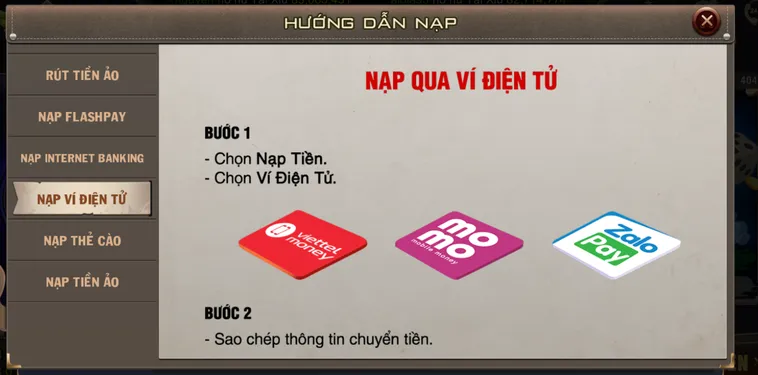 Các bước nạp tiền qua ví Momo tại B52.