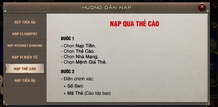 Các bước nạp tiền qua thẻ cào.
