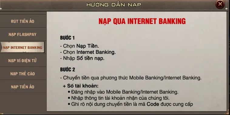 Nạp tiền qua ngân hàng nội địa an toàn tiện lợi tại B52.